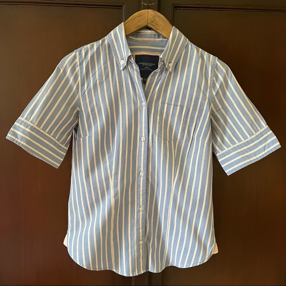 American Eagle 3/4 sleeve Women’s Button Down Blouse Blue/White/Pink Stripe Sz 4